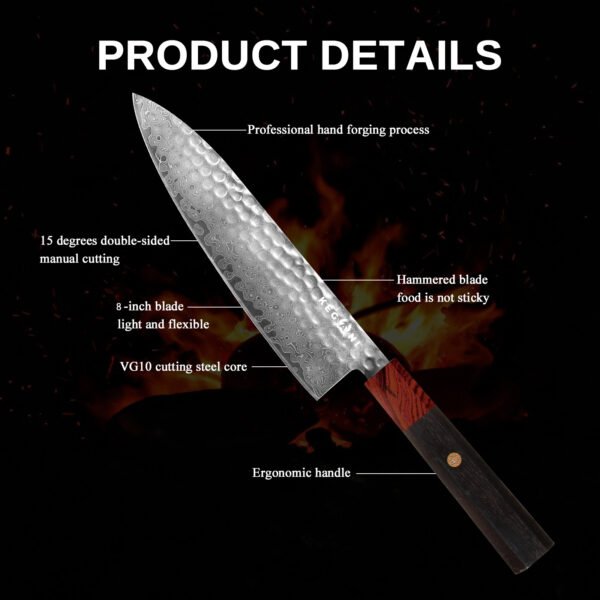 67-Layer Damascus Chef Knife – VG-10 Core, Rosewood Handle & Samurai Edge | Hand-Hammered Precision - Image 9