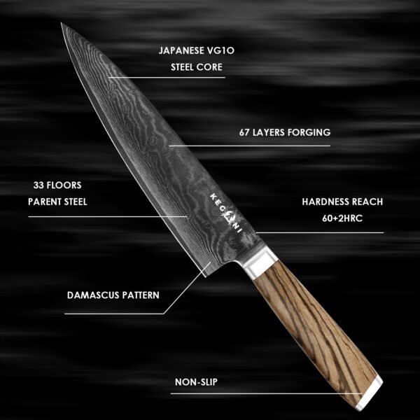 8-inch Kegani Chef Knife – VG-10 Damascus Steel, 15° Razor Edge & Zebrawood Grip | Samurai-Grade Precision - Image 3