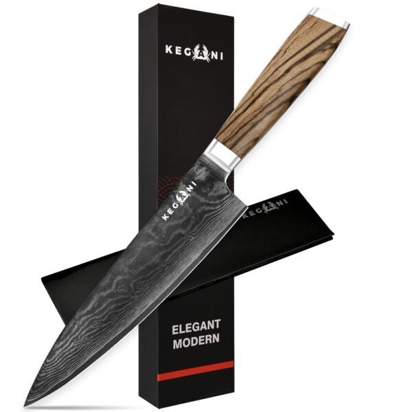 8-inch Kegani Chef Knife – VG-10 Damascus Steel, 15° Razor Edge & Zebrawood Grip | Samurai-Grade Precision